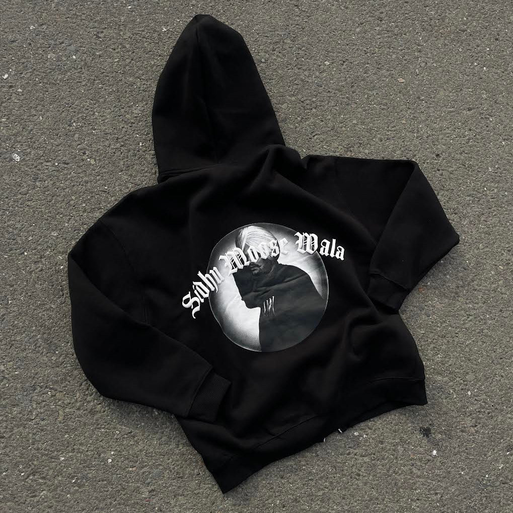 Black hoodie with Print of famous Punjabi singer Sidhu Moose Wala, and 3d print of his name